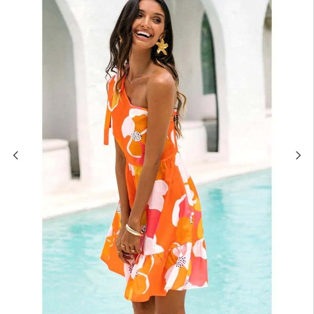 NWOT Cupshe Print Bow One Shoulder Dress Size XS - Picture 3 of 7